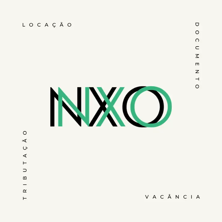Marca NXO, com os termos locação, documento, tributação e vacância nos quatro cantos